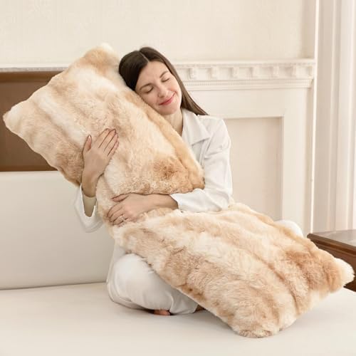 ZonLi Fluffy Body Pillow for Adults, Fuzzy Faux Fur Long Pillow with Shredded Memory Foam, Adjustable Support for Side Sleepers, Gifts, 20 x 54 Inch, Light Tan by Zonli
