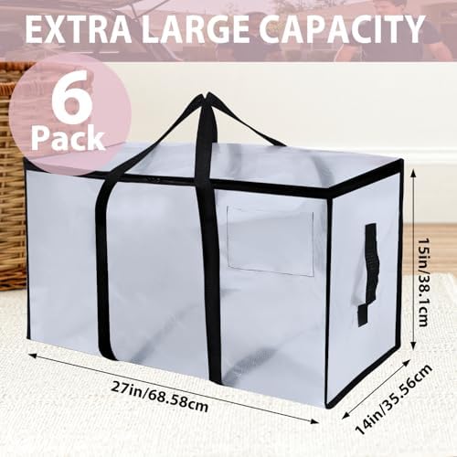 6 Pack Moving Bags Heavy Duty, Extra Large Moving Bags, Moving Supplies, Storage Bags with Handles and Zippers, Waterproof Totes for Storage Space Saving Packaging Shipping and Travel(Clear） - Image 2