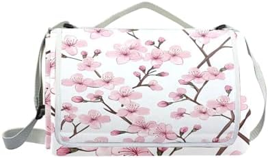 Mnsruu Picnic Blanket Waterproof Foldable, Floral Cherry Blossoms and Branches Pink Large Outdoor Picnic Blanket Beach Blankets Camping Blanket Travel Mat, Shoulder Strap Tote, Rectangle 57x59in - Image 4