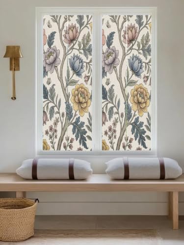 Window Privacy Film Frosted, Vintage Garden Flower Reusable Static Cling Window Tints, Rustic Floral Leaf Pastoral Plants Heat Control Windows Films for Offices, Balcony, 29.5 x 118 Inches - Image 5