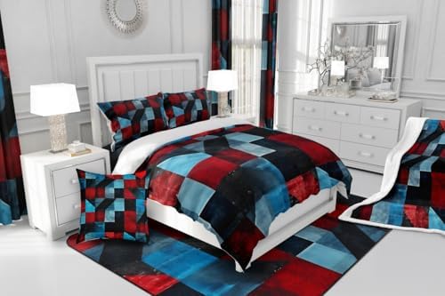 Erosebridal Red Black Blue Comforter Set Twin Size,Geometric Abstract Aesthetic Bedding Set for Kids Adults Room Decor,Retro Grunge Colorful Quilt Bed Set Down Comforter 2Pcs - Image 6