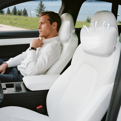 Car Neck Pillow for Tesla Model 3/Y/S/X - Adjustable Height Headrest Cushion - Ergonomic Auto Headrest Support for Driving Comfort 2 Pack White by Kzeux