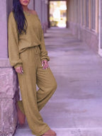 Ulovmi Women's Ribbed Lounge Set Off Shoulder Top Wide Leg Pants Set - Image 3