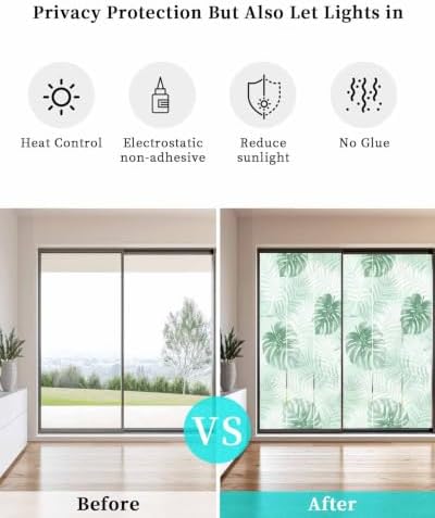Window Privacy Film Frosted, Mint Green Palm Trees Tropical Non-Adhesive Static Cling Window Tint, Summer Beach Botanical Insulated Windows Frosted Films for Living Room, 35.4 x 78.7 Inches - Image 6