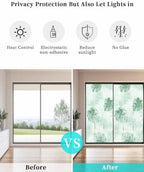 Window Privacy Film Frosted, Mint Green Palm Trees Tropical Static Cling Door Window Covering, Summer Beach Botanical UV Blocking Windows Film for Office, Hotel, Bedroom, 29.5 x 78.7 Inches - Image 6