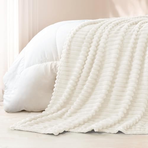 Exclusivo Mezcla Striped California King Fleece Bed Blanket, Ivory - Image 5
