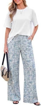 PRETTYGARDEN Women‘s Summer 2 Piece Sets Short Sleeve Tops Beach Boho Pants by PRETTYGARDEN