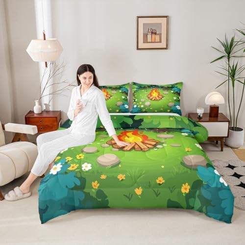 Erosebridal Camper King Size Comforter Set Happy Camping Bedding Set Woodland Camping Bedding Comforter Sets,Campfire Quilt 3 Pcs - Image 4