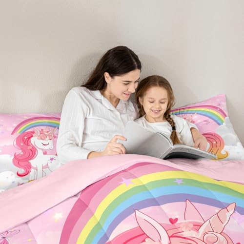 Erosebridal Unicorn Girls Bedding Set Toddler | Kids Rainbow Unicorn Comforter Set Kawaii Cute Reversible Stars Butterfly Quilt Comforter Teens Children Adults Cartoon Room Decor All Season,2 Pcs - Image 6