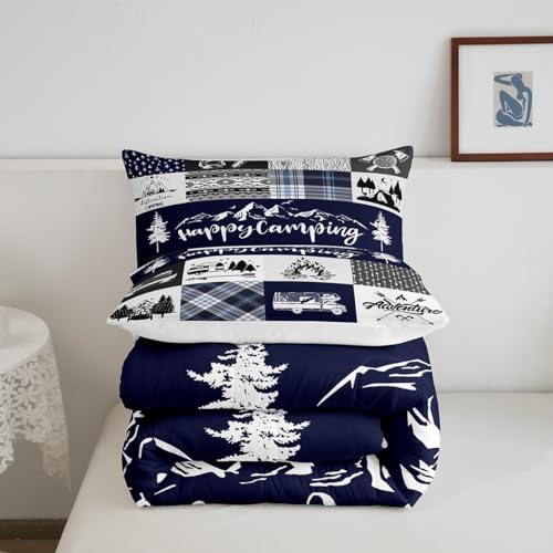 Camping Adventure Comforter Set King Size,RV Camper Accessories for Travel Trailers Bedding Set All Season Quilt Set,Rustic Blue Plaid Boho Aztec Exotic Microfiber Polyester Down Comforter - Image 5