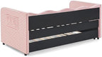 3 in 1 Twin to King Daybed, Gingham Upholstered Daybed with Pop Up Trundle, Convertible Sofa Bed with Side Storage Pockets, Extendable Guest Bed Frame for Teens Adults Bedroom Living Room, Pink - Image 6