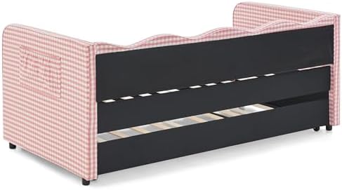 3 in 1 Twin to King Daybed, Gingham Upholstered Daybed with Pop Up Trundle, Convertible Sofa Bed with Side Storage Pockets, Extendable Guest Bed Frame for Teens Adults Bedroom Living Room, Pink - Image 6