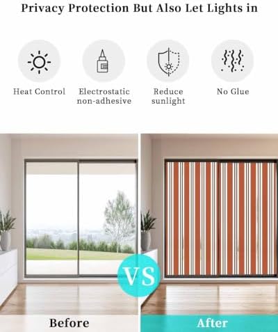 Window Privacy Film Frosted, Burnt Orange Brown Striped Static Cling Door Window Covering, Modern Farmhouse Vertical Stripes UV Blocking Windows Film for Office, Hotel, Bedroom, 29.5 x 78.7 Inches - Image 6