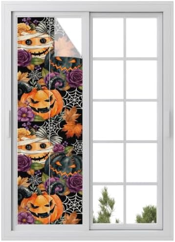 Window Privacy Film Frosted, Pumpkins Halloween Reusable Static Cling Window Tints, Black Horror Purple Floral Heat Control Windows Films for Offices, Balcony, 29.5 x 118 Inches by Unknown
