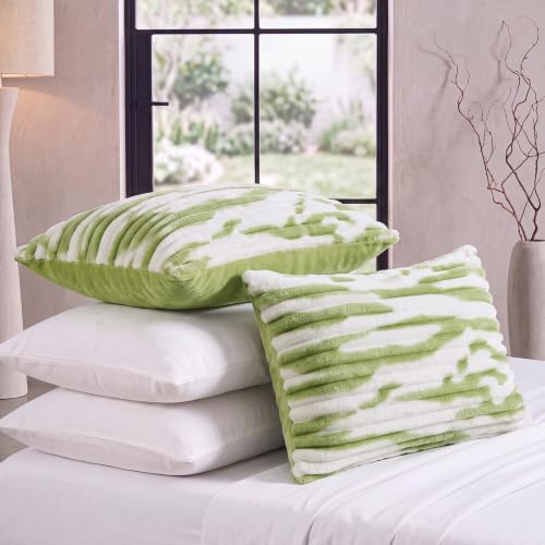 Bedorm Faux Fur Pillowcases Set of 2 Standard Size Plush Fluffy Pillow Cover Ivory and Green, Zipper Closure - Image 3