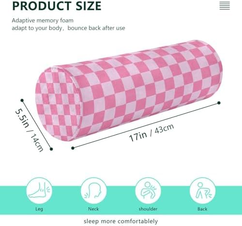 Checkered Pink Neck Roll Pillow Bolster Round Health Memory Foam Long Cervical Cylinder Pillows with Removable Washable Cover for Body Bed Legs Back Yoga - Image 2