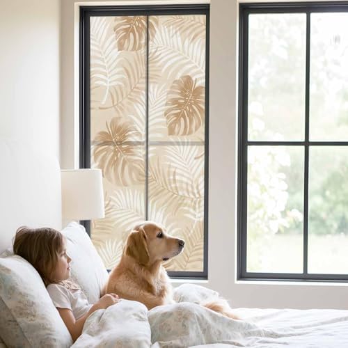 Window Privacy Film Frosted, Beige Palm Trees Tropical Static Cling Door Window Covering, Summer Beach Botanical UV Blocking Windows Film for Office, Hotel, Bedroom, 29.5 x 78.7 Inches - Image 2