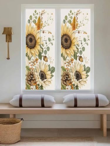 Window Privacy Film Frosted, Pumpkins Sunflower Fall Reusable Static Cling Window Tints, Thanksgiving Botanical Rustic Heat Control Windows Films for Offices, Balcony, 29.5 x 118 Inches - Image 5