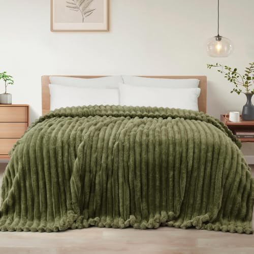 Exclusivo Mezcla Striped California King Fleece Bed Blanket, Olive Green by ExclusivoMezcla