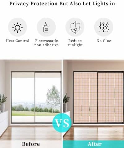 Window Privacy Film Frosted, Cream Buffalo Plaid Static Cling Door Window Covering, Modern Farmhouse Peach Pink Checkered UV Blocking Windows Film for Office, Hotel, Bedroom, 29.5 x 78.7 Inches - Image 6