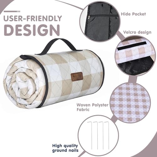 HX&OD Outdoor Picnic Blanket, Extra Large, 80''x80'' Waterproof Foldable Blankets Gingham Picnic Mat for Beach, Camping Grass Lawn Park Accessories Cute Couple Ideas Wedding (Light Brown, 80”x80”) - Image 4
