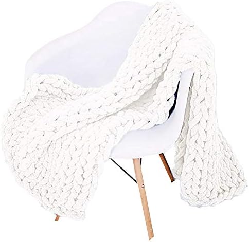 Chunky Knit Throw Blanket Chenille Yarn Soft Cozy Bulky Knitted Blanket for Sofa Bed Chair Large Hand Made Boho Home Decor White 32x40 by Unknown
