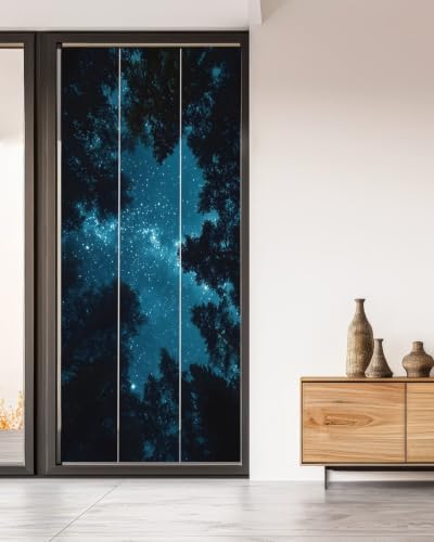 Window Privacy Film Frosted, Night Sky Non-Adhesive Static Cling Window Tint, Blue Natural Forest Trees Star River Scenery Insulated Windows Frosted Films for Living Room, 35.4 x 78.7 Inches - Image 5