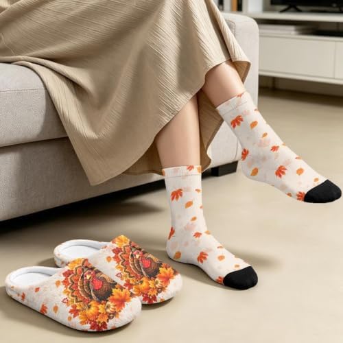 Jeiento Fuzzy Slippers and Crew Sock Set for Women Men Couple Warm Cozy Memory Foam House Shoes Soft Slip-on Slides for Home,Travel - Image 4