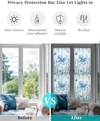 Window Privacy Film Frosted, Coastal Octopus Reusable Static Cling Window Tints, Blue Ocean Coral Summer Beach Seaweed Heat Control Windows Films for Offices, Balcony, 29.5 x 118 Inches - Image 6