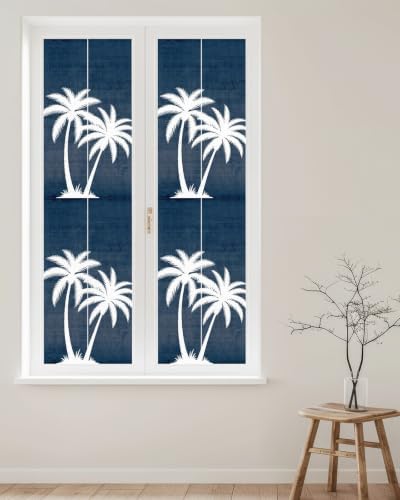 Window Privacy Film Frosted, Navy Blue Palm Trees Reusable Static Cling Window Tints, Summer Coastal Tropical Botanical Heat Control Windows Films for Offices, Balcony, 29.5 x 118 Inches - Image 2