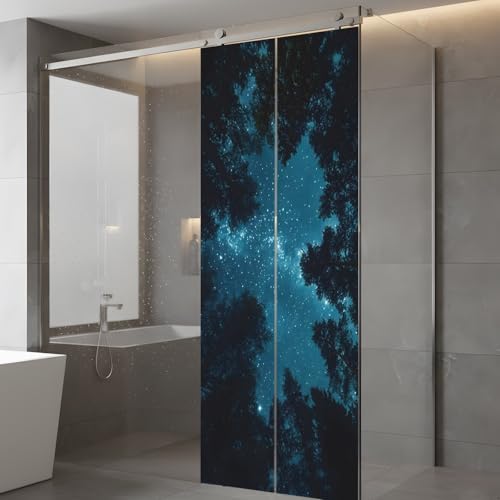 Window Privacy Film Frosted, Night Sky Static Cling Door Window Covering, Blue Natural Forest Trees Star River Scenery UV Blocking Windows Film for Office, Hotel, Bedroom, 29.5 x 78.7 Inches - Image 5