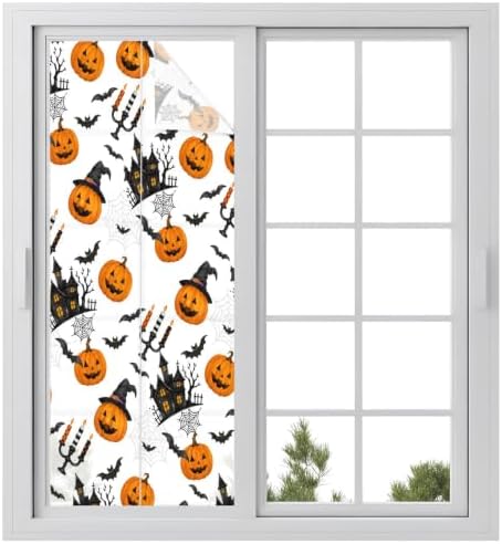 Window Privacy Film Frosted, Orange Pumpkins Halloween Static Cling Door Window Covering, Haunted Houses Bats Horror UV Blocking Windows Film for Office, Hotel, Bedroom, 29.5 x 78.7 Inches by Unknown