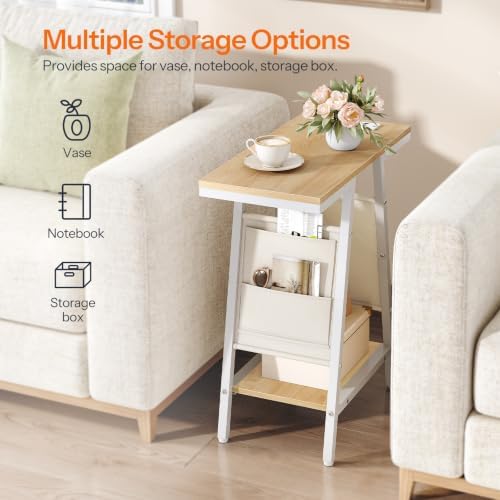 HOOBRO End Table, Skinny Side Table with Storage, Narrow Nightstand with Storage, Fabric Pockets, Narrow End Table for Small Spaces, Living Room, Bedroom, White and Natural WN426UBZ01 - Image 4