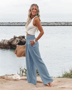 Angerella Womens Elastic High Waisted Palazzo Pants Casual Wide Leg Long Lounge Pant Trousers with Pocket - Image 3