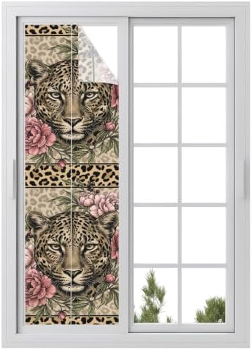 Window Privacy Film Frosted, Leopard Print Reusable Static Cling Window Tints, Vintage Peony Flower Chic Cheetahs Texture Heat Control Windows Films for Offices, Balcony, 29.5 x 118 Inches by Unknown