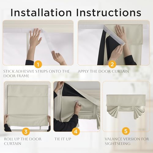 RYB HOME 2 Panels 100% Blackout French Door Curtains Set of 2 - W30 x L69, Natural - No Drill Door Window Curtains Thermal Insulated Privacy Assured Shades for Front Entrance - Image 4