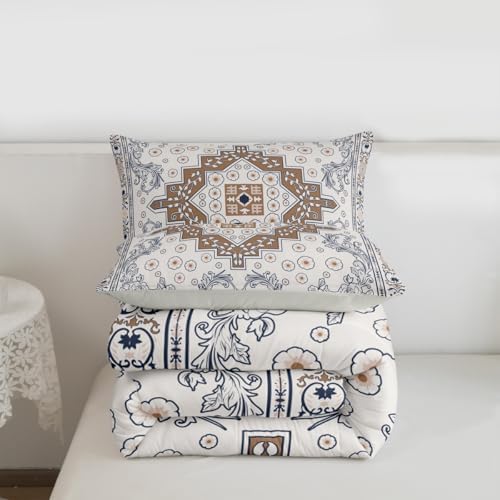 Erosebridal Vintage Floral King Bedding Set - Aztec Flower Boho Comforter Set for Kids Adults | Farmhouse Flowers Quilt | Beige Brown Blue Aesthetic Bedroom Decor with 2 Pillowcases - Image 7
