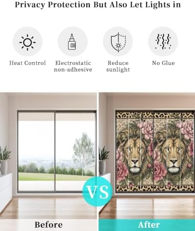 Window Privacy Film Frosted, Lion Print Static Cling Door Window Covering, Vintage Peony Flower Chic Wild Animals Texture UV Blocking Windows Film for Office, Hotel, Bedroom, 29.5 x 78.7 Inches - Image 6