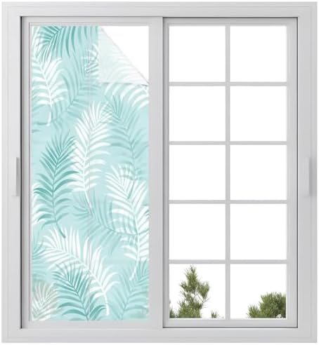 Window Privacy Film Frosted, Teal Blue Botanical Static Cling Door Window Covering, Summer Palm Leaves Foliage Tropical UV Blocking Windows Film for Office, Hotel, Bedroom, 29.5 x 78.7 Inches by Unknown