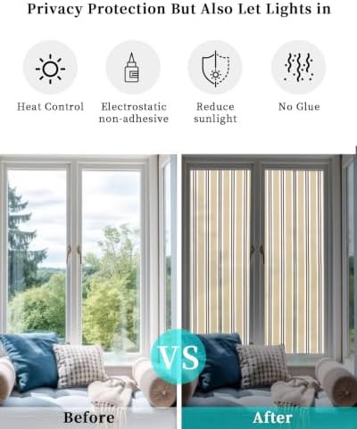 Window Privacy Film Frosted, Beige Striped Reusable Static Cling Window Tints, Modern Farmhouse Vertical Stripes Heat Control Windows Films for Offices, Balcony, 29.5 x 118 Inches - Image 6