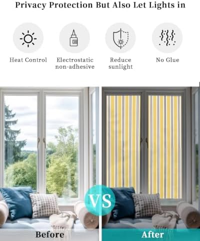 Window Privacy Film Frosted, Yellow Brown Striped Reusable Static Cling Window Tints, Modern Farmhouse Vertical Stripes Heat Control Windows Films for Offices, Balcony, 29.5 x 118 Inches - Image 6