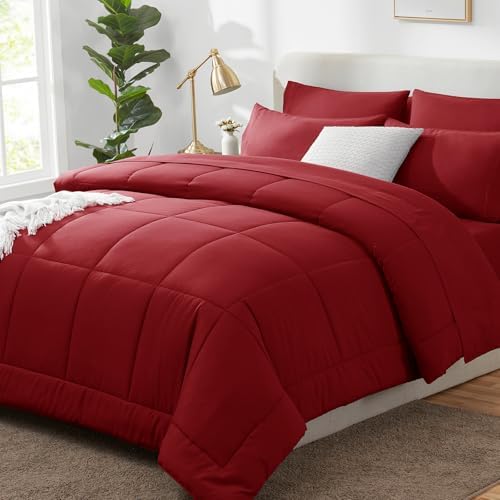 CozyLux Oversized Queen Comforter Set Dark Red - 7 Pieces Bed in a Bag by CozyLux