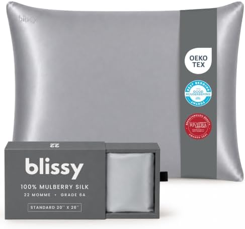 Blissy Silk Pillowcase - 100% Pure Mulberry Silk - 22 Momme 6A High-Grade Fibers - Silk Pillow Cover for Hair & Skin - Regular, Queen & King (Silver, Standard) by Blissy