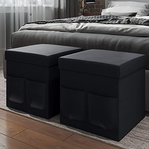 Set of 2 Ottomans with Storage Pockets - 15-Inch Folding Foot Rests or Storage Organizers for Bedroom, Living Room, or Dorm by Lavish Home (Black) - Image 4