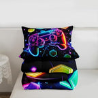 Boys Gaming Reversible Comforter Set Toddler Size,Video Games Gamepad Print Bedding Set Gamer Room Decor,Space Galaxy Glow Neon Hexagon Duvet Set with 1 Pillowcase,Polyester (Purple Blue) - Image 7