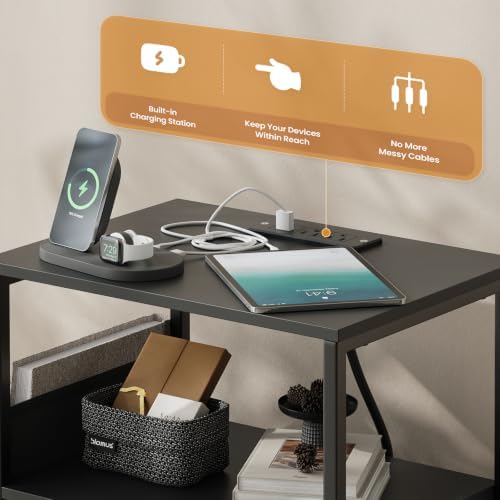 MALOL Night Stand with Charging Station & Led Light Strip, Bedside Table with Open Shelf & 2 Fabric Drawers and Reversible Side Storage Pocket, Modern End Table Bedroom,Living Room,Black - Image 3