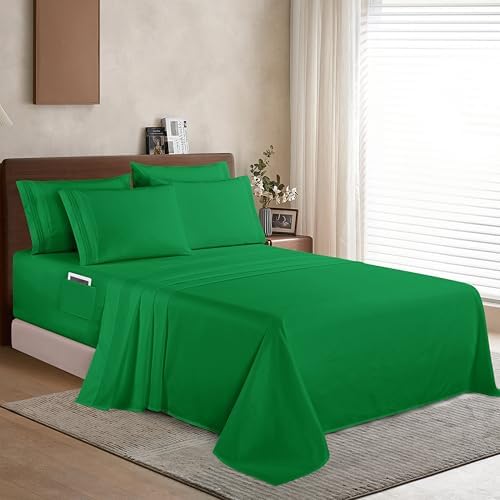 Elegant Comfort 1500 Premium Quality 6-Piece Bed Sheet Set - 18-24 Inch Extra Deep Pocket, Smart Storage Pockets, Wrinkle Free Ultra Soft 6PC Extra Deep Pocket Sheets, King, Emerald Green - Image 3