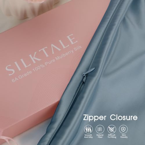 100% Mulberry Silk Pillowcase with Hidden Zipper,Both Sides Pure Silk Breathable Pillow Case for Hair and Skin,19 Momme Grade 6A,1pc,Ash Blue,Queen Size 20x30 Inches - Image 2