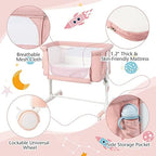 BABY JOY Bassinet Bedside Sleeper, 3 in 1 Folding Crib w/Adjustable Height, Mattress, Lockable Wheels, Storage Pocket & Carry Bag for Infant Newborn, Stationary & Rock, Portable Baby Bassinet (Pink) - Image 5