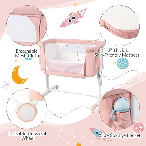 BABY JOY Bassinet Bedside Sleeper, 3 in 1 Folding Crib w/Adjustable Height, Mattress, Lockable Wheels, Storage Pocket & Carry Bag for Infant Newborn, Stationary & Rock, Portable Baby Bassinet (Pink) - Image 5